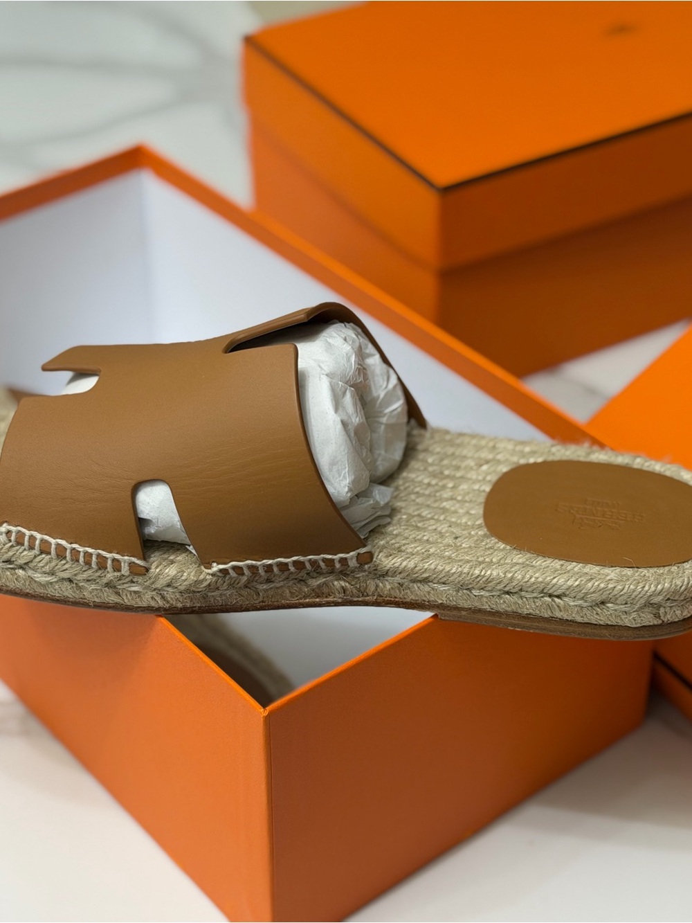 Hermes Tan Leather Slide Espadrille Sandal